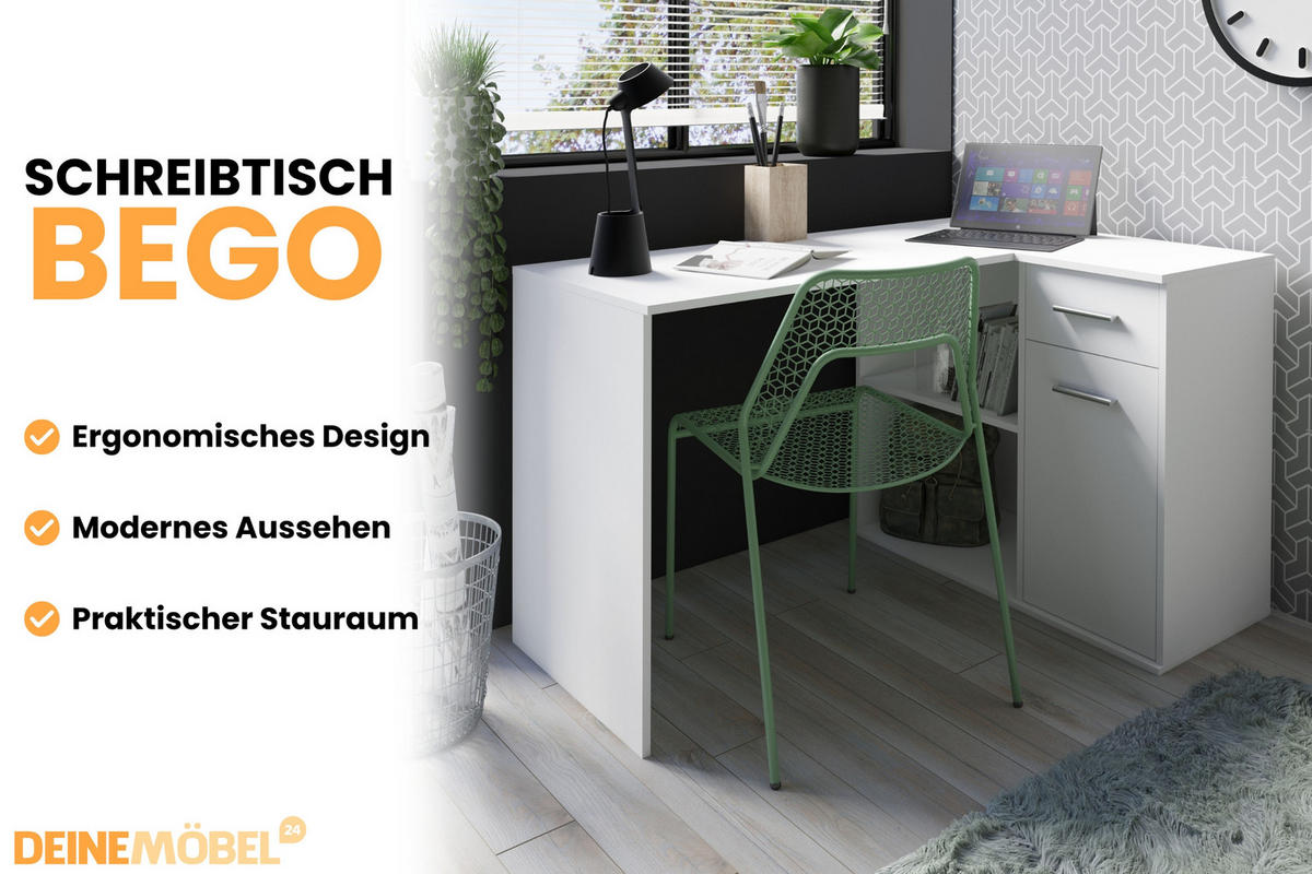 ECKSCHREIBTISCH BEGO 130 / 78 cm in Weiß - Weiß, Holzwerkstoff (78/130/93cm) - Deine Möbel 24