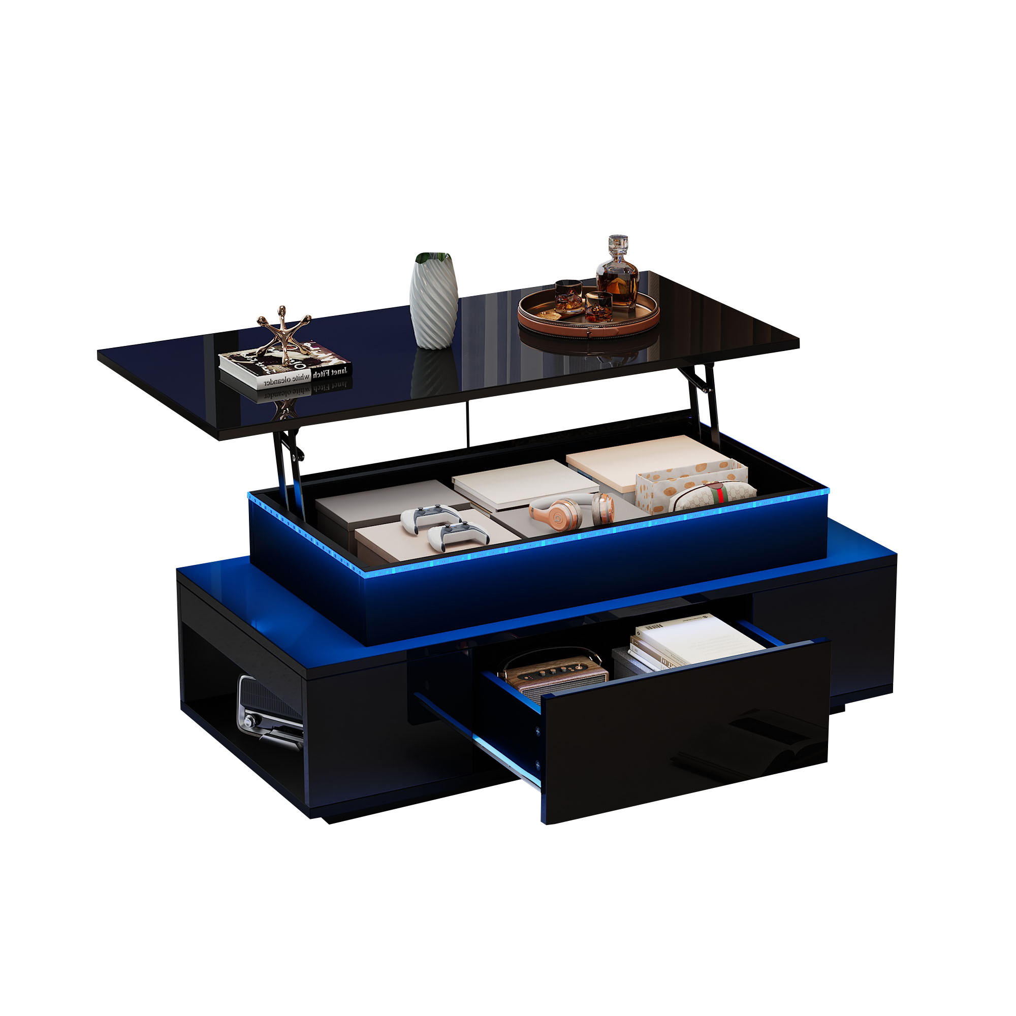 COUCHTISCH, höhenverstellbar, Hochglanz-Spanplatte mit LED & verstecktem Stauraum, 96/45/40 cm, Schwarz - Schwarz, Holzwerkstoff (96/45/40cm) - Redom