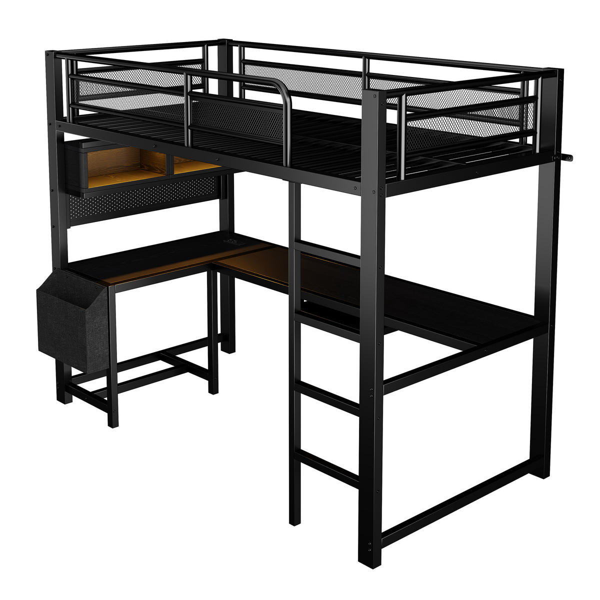 HOCHBETT 90/200 cm in Schwarz mit Schreibtisch, LED und USB - Schwarz, Holzwerkstoff/Metall (90/200cm) - CHICFURN