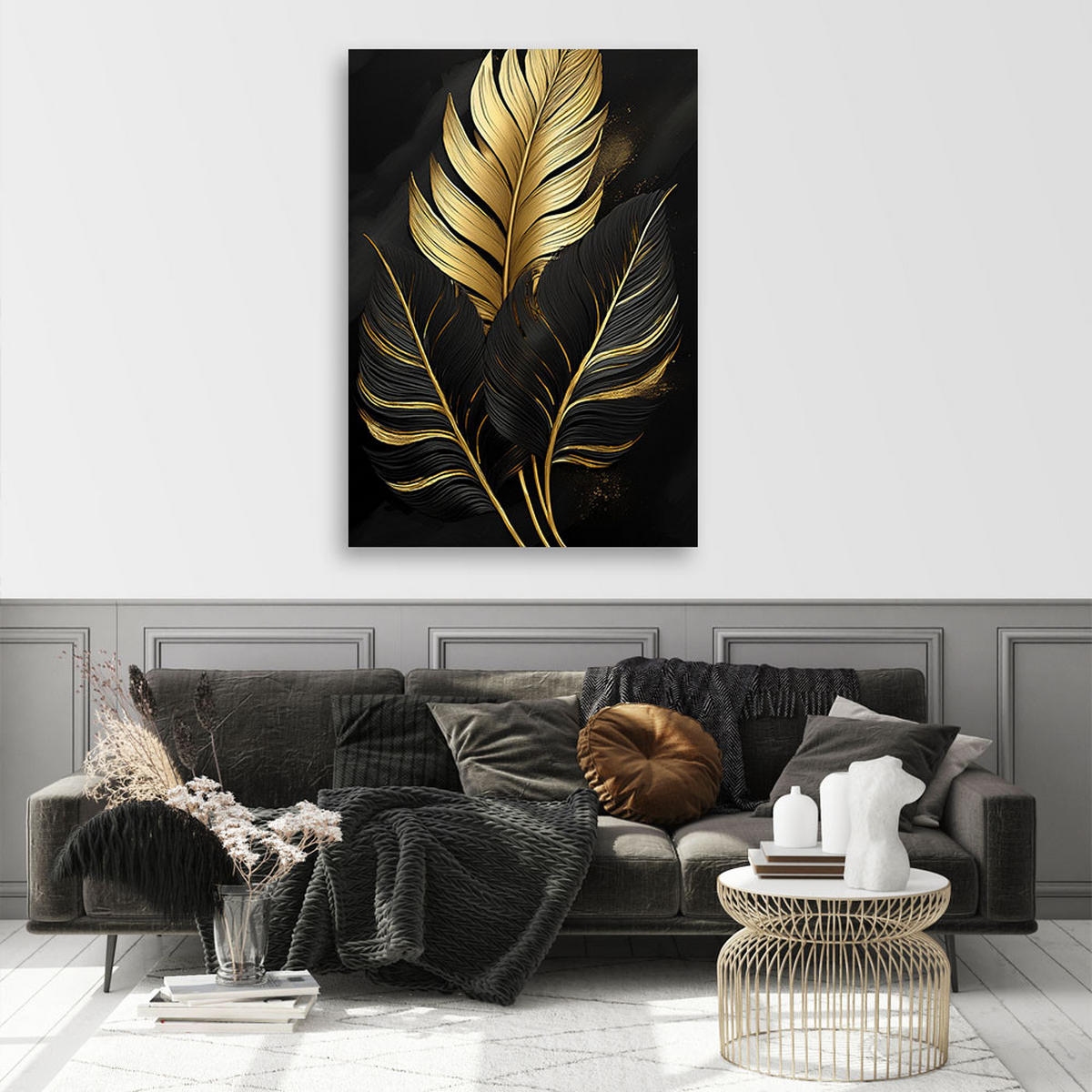 LEINWANDBILD Goldfarbene schwarze Monstera-Palmblätter - Goldfarben, Textil (80/120cm) - Feeby