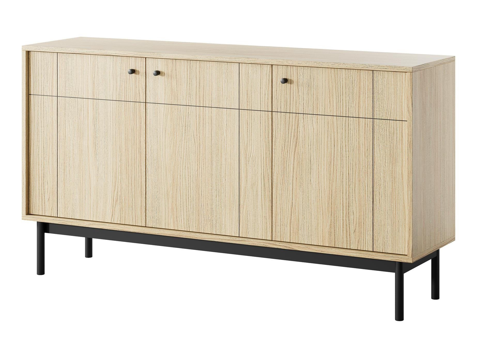KOMMODE Panda Hellbraun, Schwarze Beine, Dreitürige mit Schubladen - Hellbraun/Schwarz, Holzwerkstoff (154/84/39cm) - Bettso