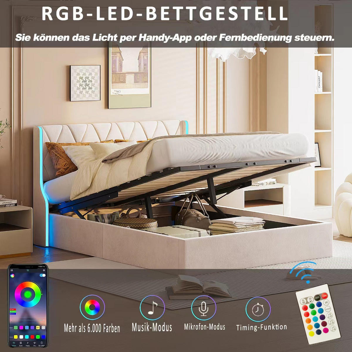 ČALÚNENÁ posteľ 140x190 cm béžová velúrová LED úložný priestor - béžová, kov (140/190cm) - SHOPENTRA