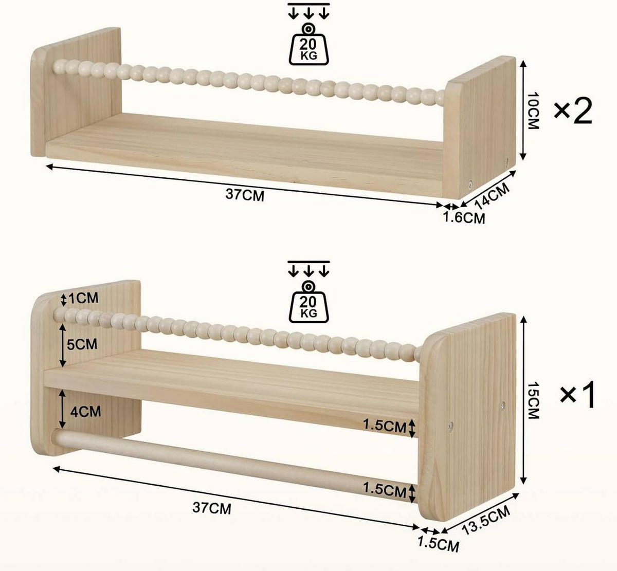 KINDER-WANDREGAL 3er Set, Massivholz, 40 x 15 x 14 cm - Naturfarben, Holz (40/15/14cm) - Woltu