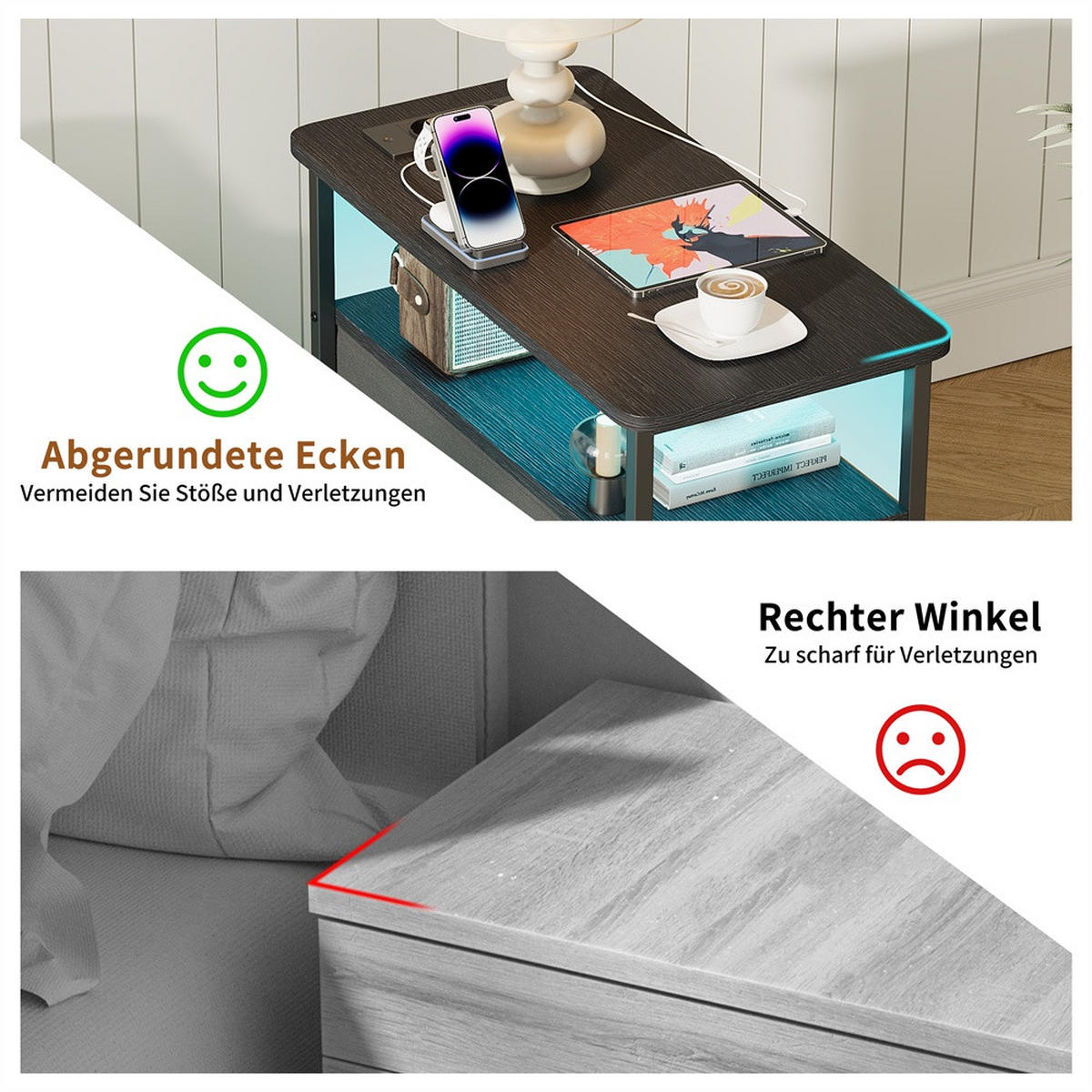 NACHTTISCH mit Ladestation & LED Beleuchtung - Schmaler Nachttisch mit offene Ablagen & 2 Schubladen - Schwarz - Schwarz, Holzwerkstoff (28/60.5/58cm) - DELFA