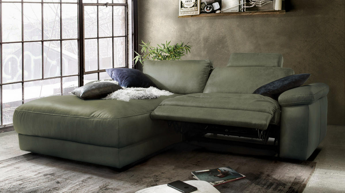 ECKSOFA MOTORISCH. RELAXFUNKTION LOLA Dunkelgrün Leder - Dunkelgrün/Schwarz, Leder (233/178cm) - KAWOLA