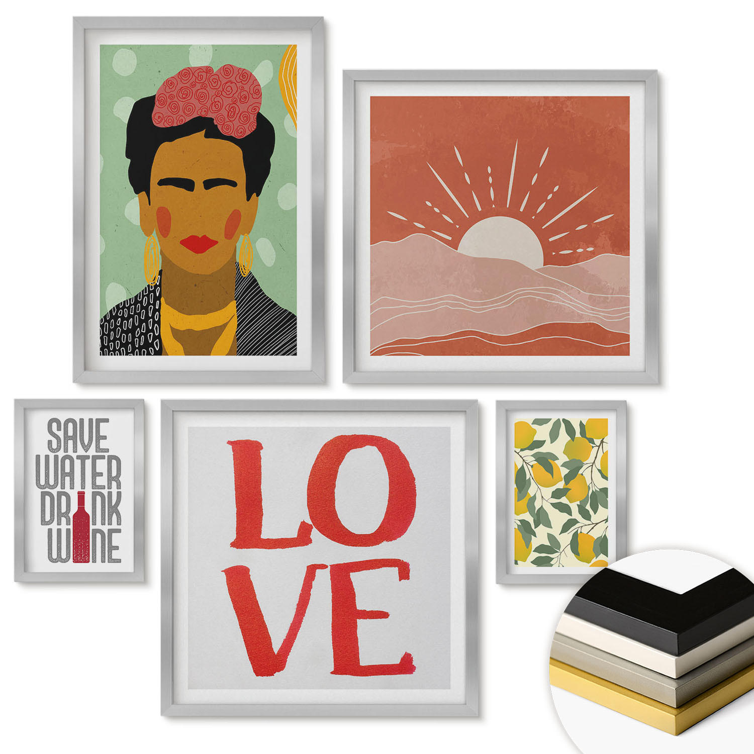 WANDBILDER 5er Set - 50x50 cm & 20x30 cm & 40x60 cm Silberner Rahmen - Zitronen Inschrift Liebeslandschaft Frida - Silberfarben, Kunststoff (40/60cm) - ArtPrintCave