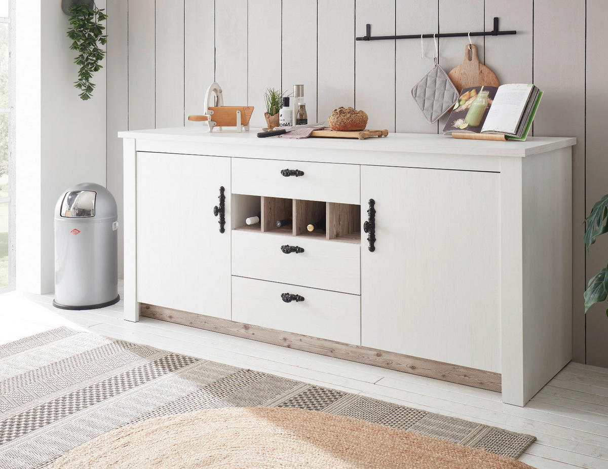 KÜCHENSCHRANK weiß Pinie Landhaus, Küche Unterschrank für Spüle oder Kochfeld 202 cm, Soft-Close - Schwarz/Weiß, Holzwerkstoff/Metall (202/92/60cm) - Furn.Design