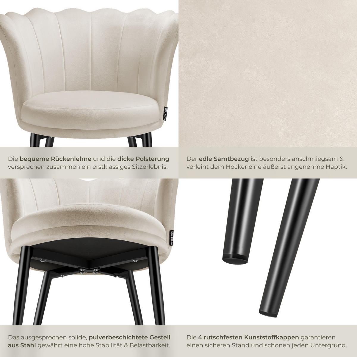 SESSEL Stella,67 x 64 x 76 cm,Samtoptik creme/schwarz - Schwarz/Samtahornfarben, Textil (67/76/64cm) - tectake