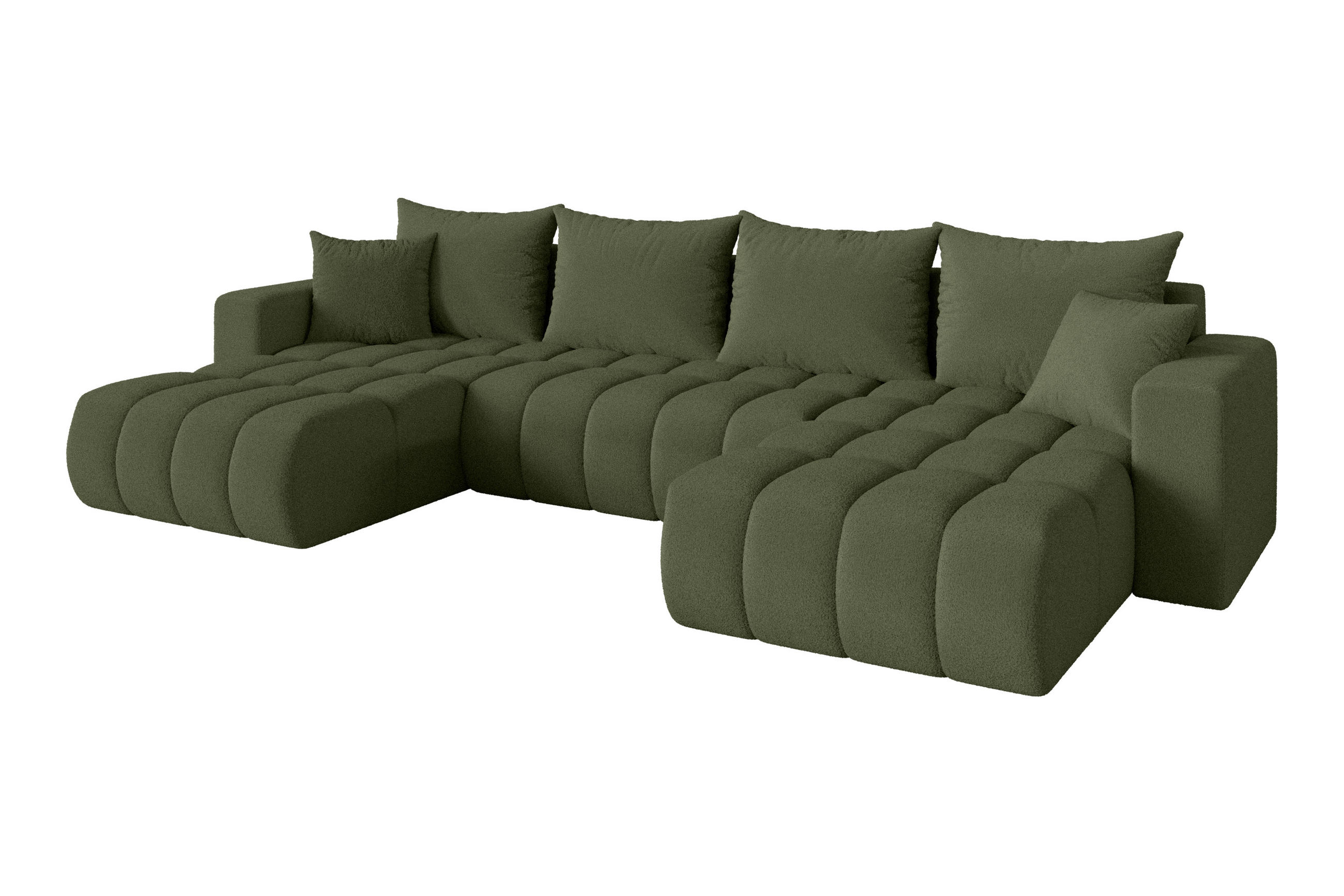 WOHNLANDSCHAFT mit Schlaffunktion und Bettkasten MILA-U-v1 378x194x86 Grün Bouclé - Schwarz/Olivgrün, Holzwerkstoff/Kunststoff (378/86/194cm) - ALTDECOR