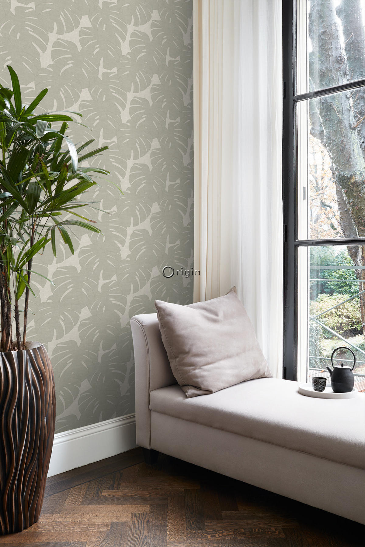 TAPETE Blätter in Leinen-Optik 53 cm x 10.05 m - Beige, Papier (53/1000cm) - Origin Wallcoverings