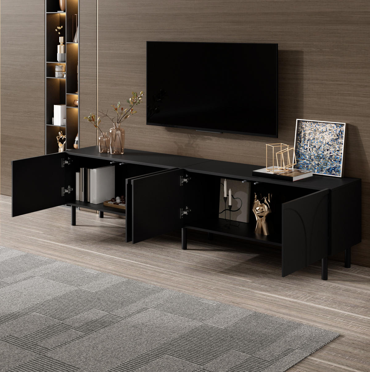 TV-SCHRANK mit 4 Türen 180 cm Schwarz mit Metallfüßen - Schwarz, Holzwerkstoff (35/49/180cm) - Beauniv