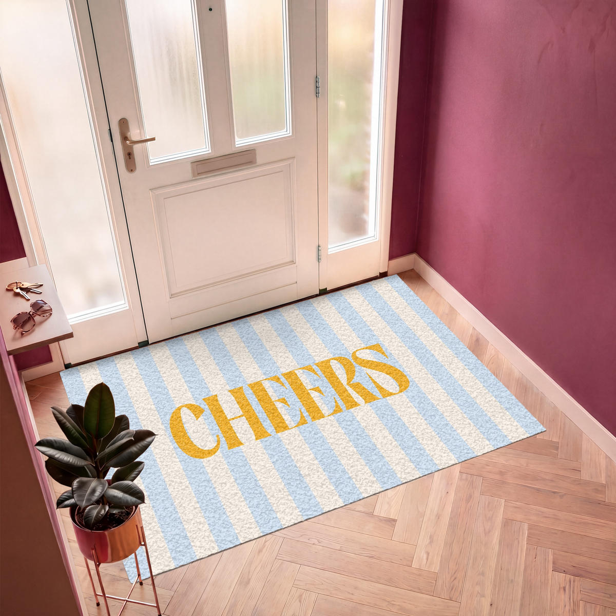 FUSSMATTE Orange – Blau – Streifen – Cheers 180x120 cm - Hellblau, Kunststoff (180/0.4cm) - MuchoWow