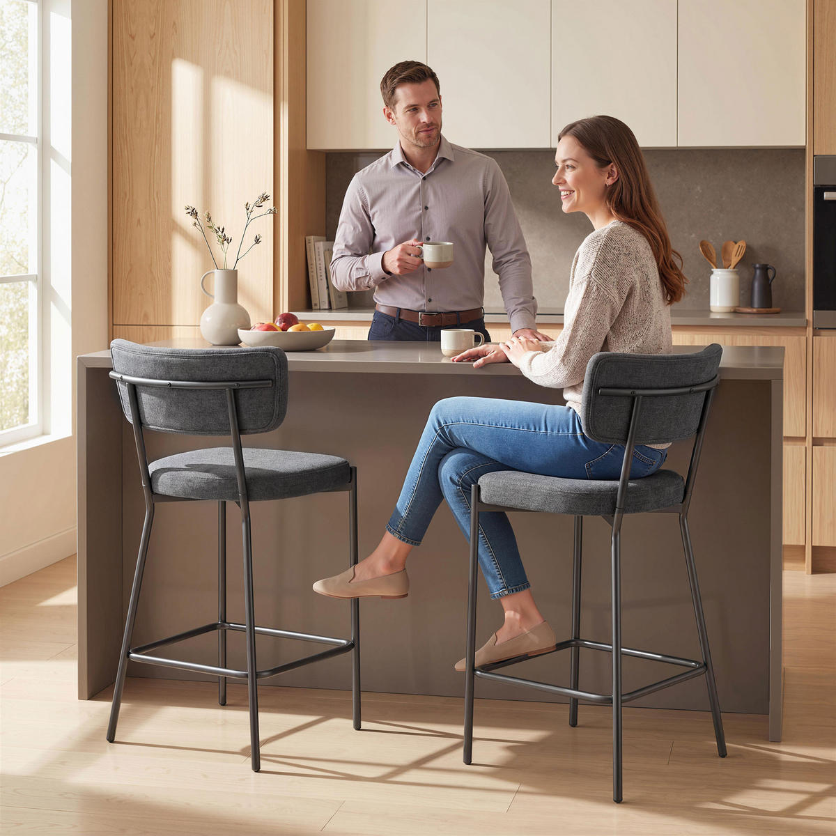 BARHOCKER 2er-Set DE-08043 mit geschwungener Rückenlehne Grau - Grau, Metall (49/93/53cm) - ComfortXL