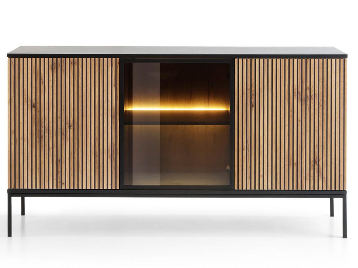 KOMMODE Graphit, Wotan Eichefarben 154/83/39 cm Deo - Eiche Wotan/Schwarz, Naturmaterialien/Glas (154/83/39cm) - Graingold