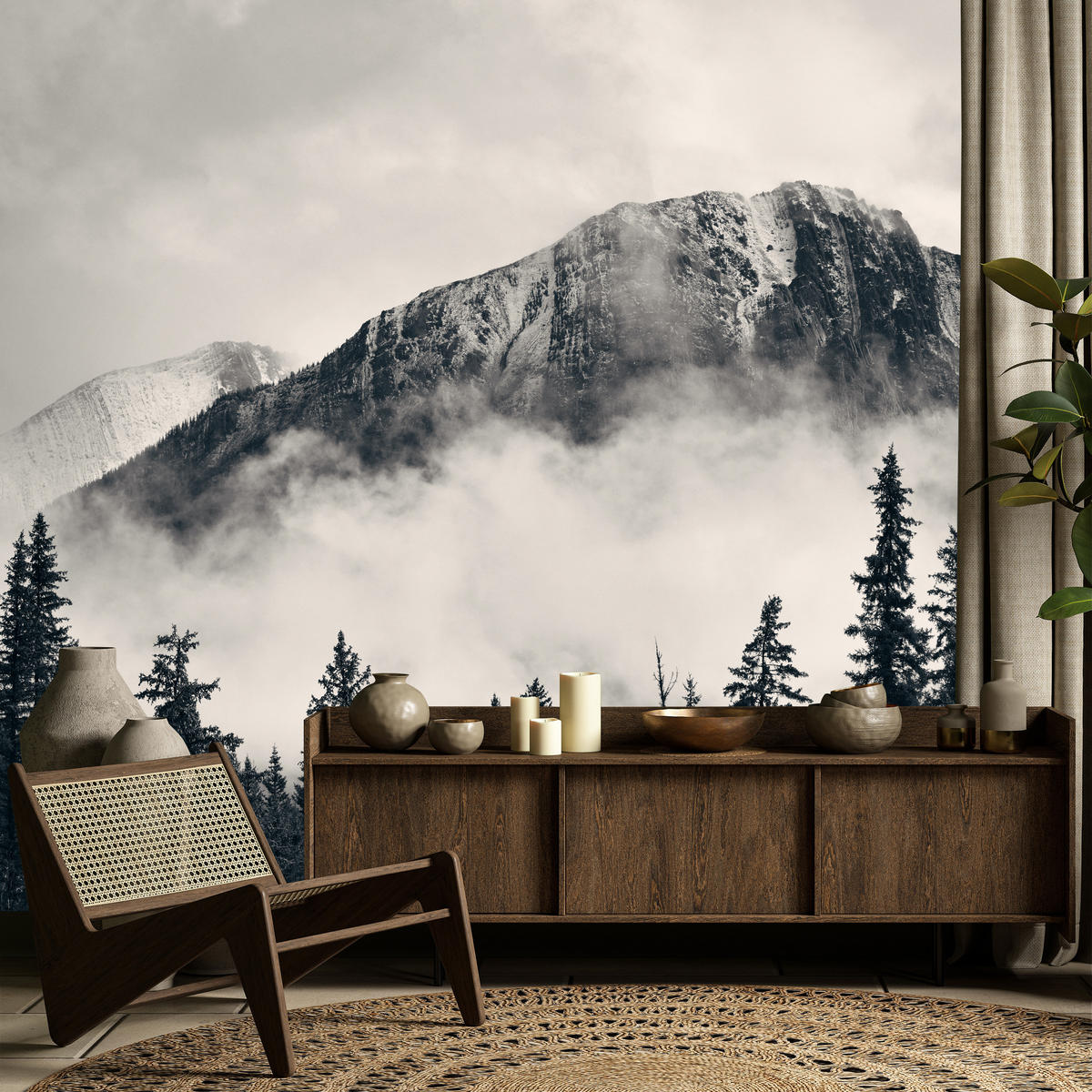 FOTOTAPETE für Wohnzimmer Nadelwald im Nebel im Hintergrund Berge 200x140 - Beige/Schwarz, Papier (200/140cm) - Muralo