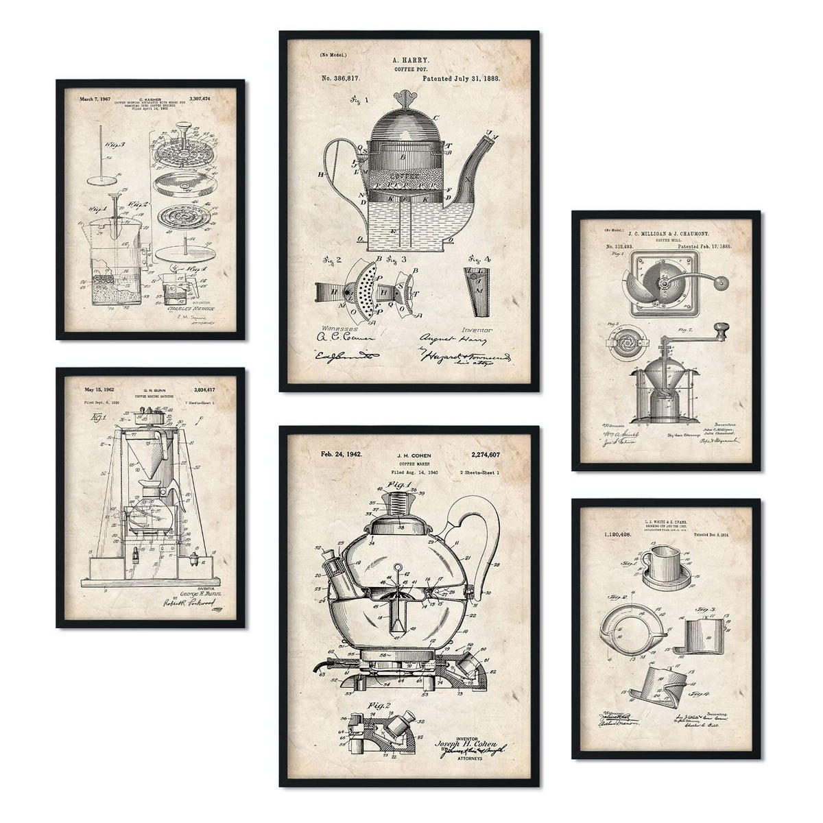 POSTER Set Mit 6 Kaffeemaschine Patenten Größe A3 und A4 Rahmenlos - Klar, Papier (29.7/1/42cm) - Nacnic