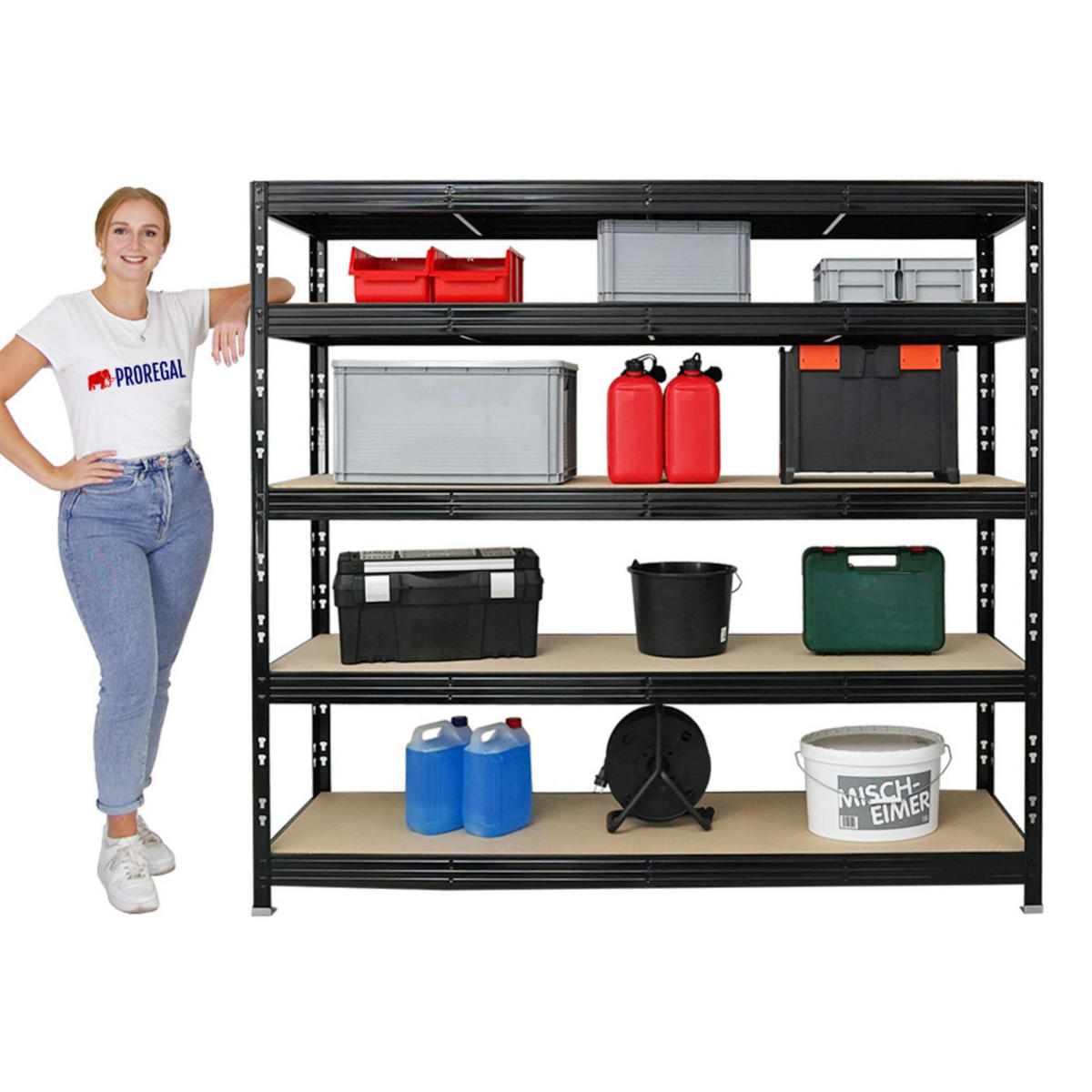 SCHWERLASTREGAL Rhino 2er-Set mit 2x 180x200x60 cm 5 Spanplatten-Ebenen 8mm Fachlast 500 kg Schwarz - Schwarz, Metall (400/180/60cm) - PROREGAL