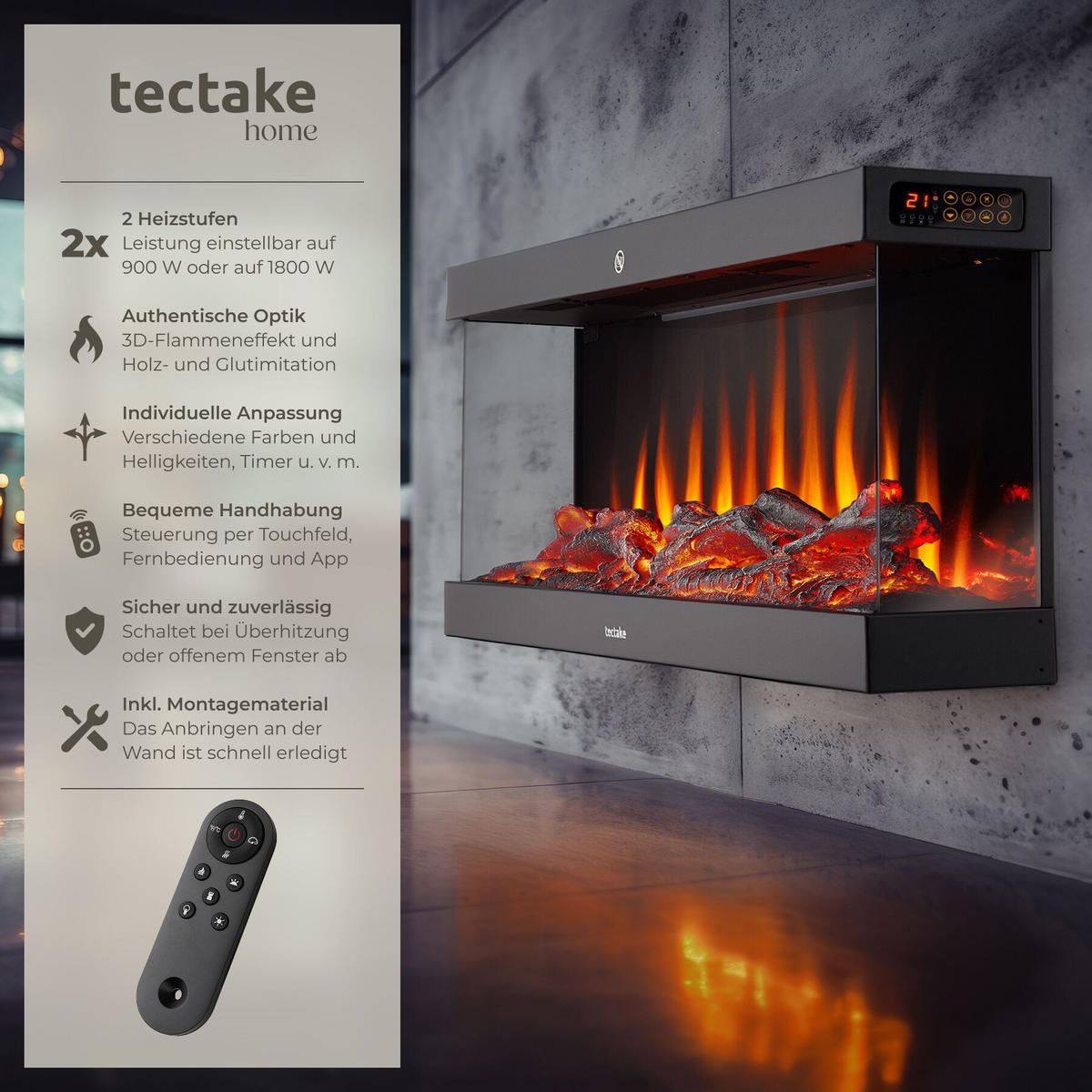 ELEKTRO-WANDKAMIN Luciano, mit Fernbedienung und App-Steuerung, integriertes Thermostat, schwarz - Schwarz, Metall (91.4/38/24.5cm) - tectake
