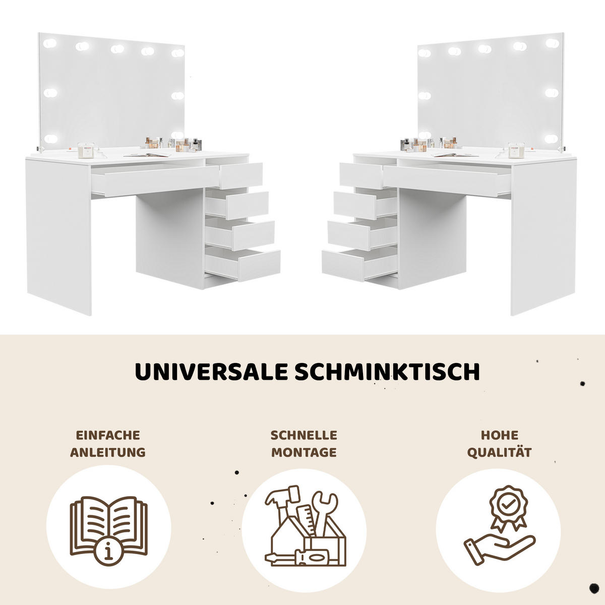 SCHMINKTISCH Bella Weiß Hochglanz 110 cm mit Spiegel und LED Beleuchtung - Weiß Hochglanz, Holzwerkstoff (110/77/55cm) - Idohome