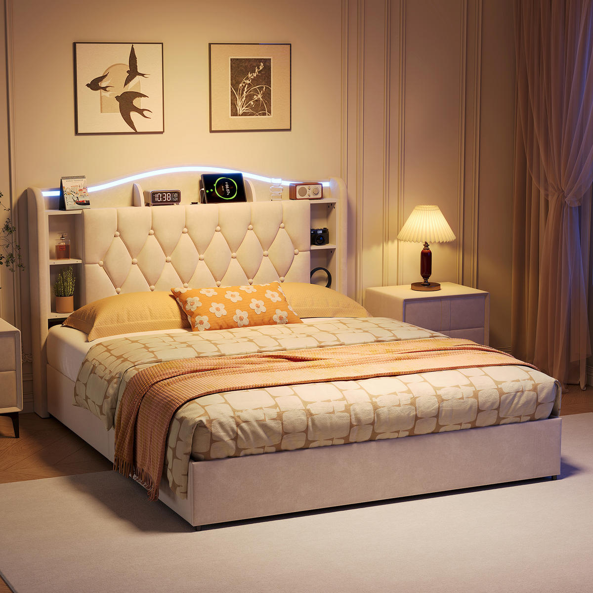 POLSTERBETT 140/200 cm Beige mit Bettkasten und Kabellosem Laden - Beige, Holz (140/200cm) - SHOPENTRA