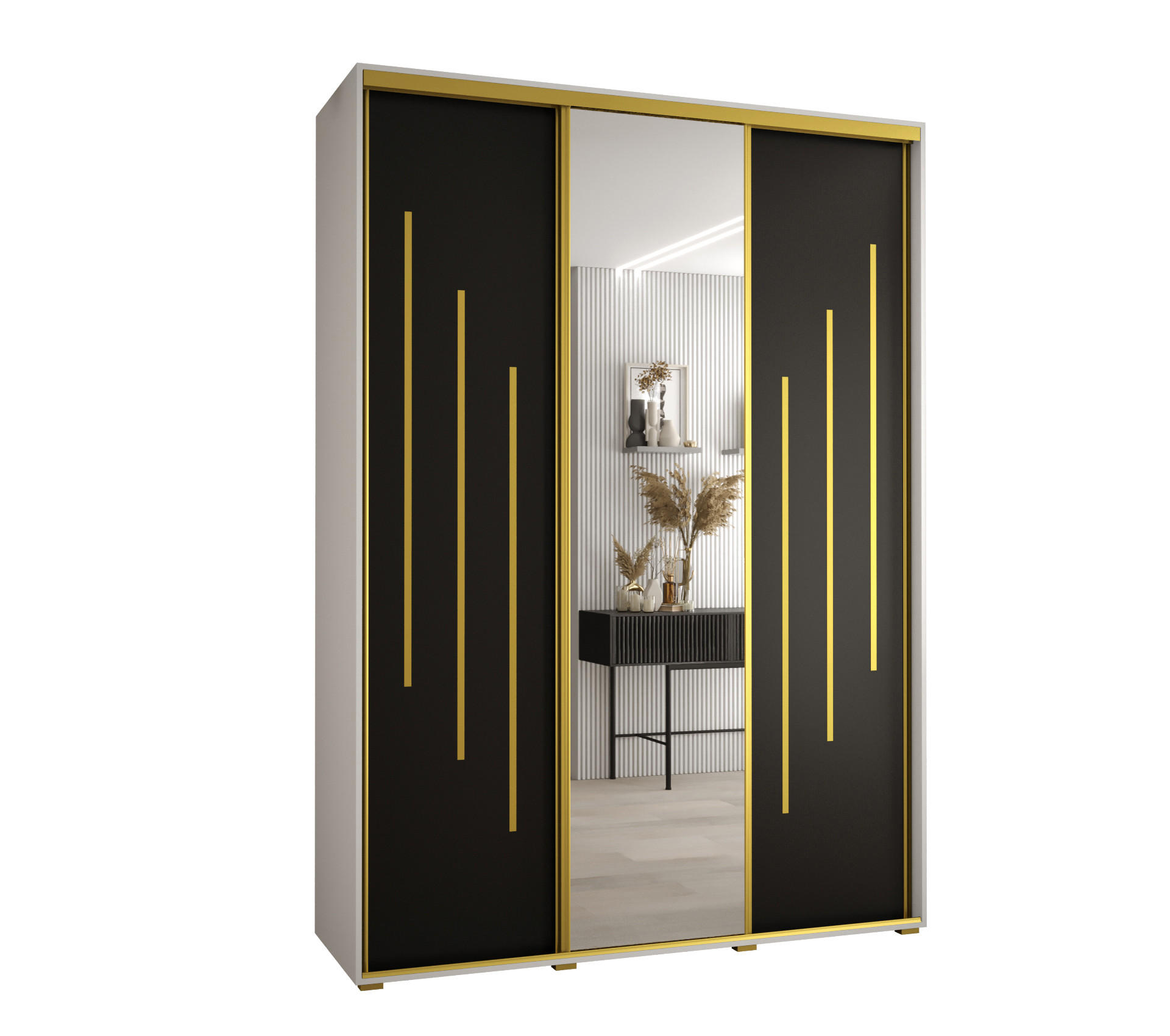 Abiks Möbel Schwebetürenschrank Weiß, Schwarz, Gold 180x235x60 cm