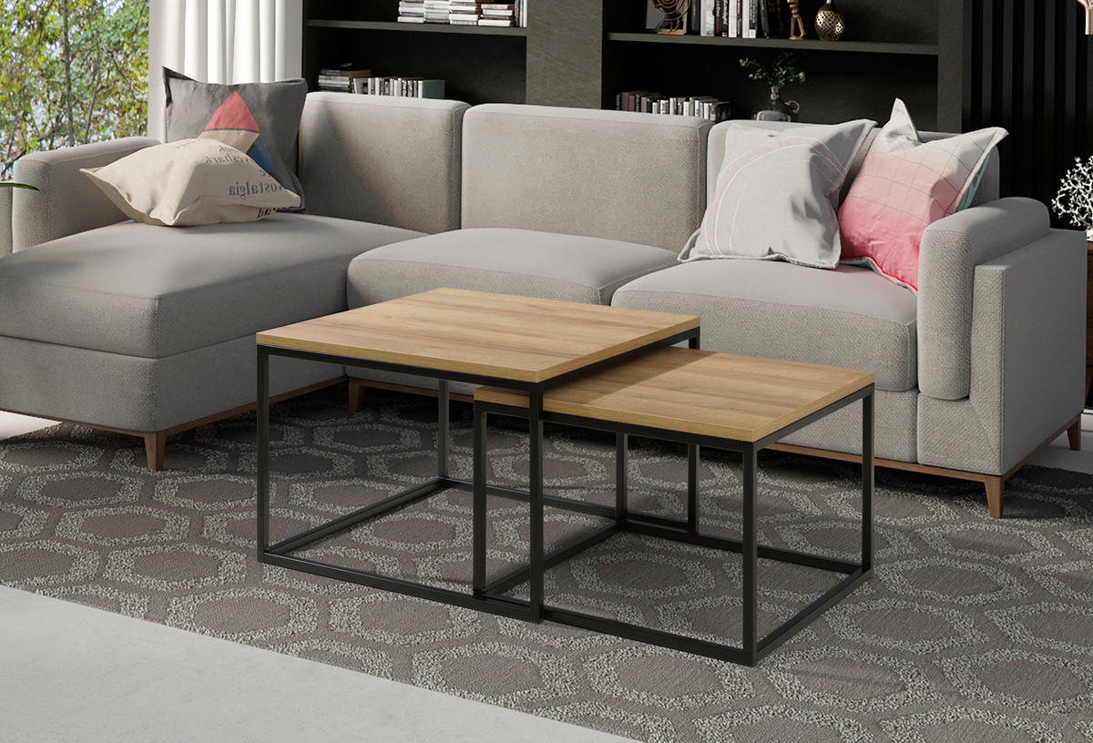 COUCHTISCH Abelia 2er Set - Artisan + Schwarz - Schwarz/Eiche Artisan, Holzwerkstoff (70/70/49cm) - Möblo