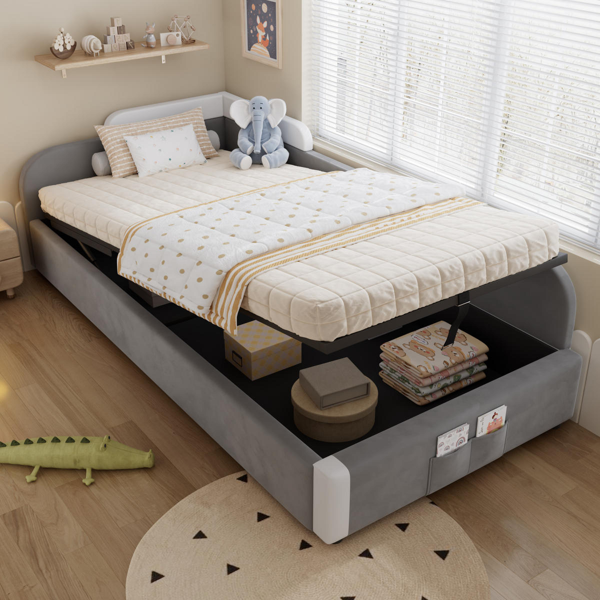 POLSTERBETT aus Samt 90x200 cm in Grau mit hydraulischem Stauraum - Grau, Textil (90/200cm) - Modfu