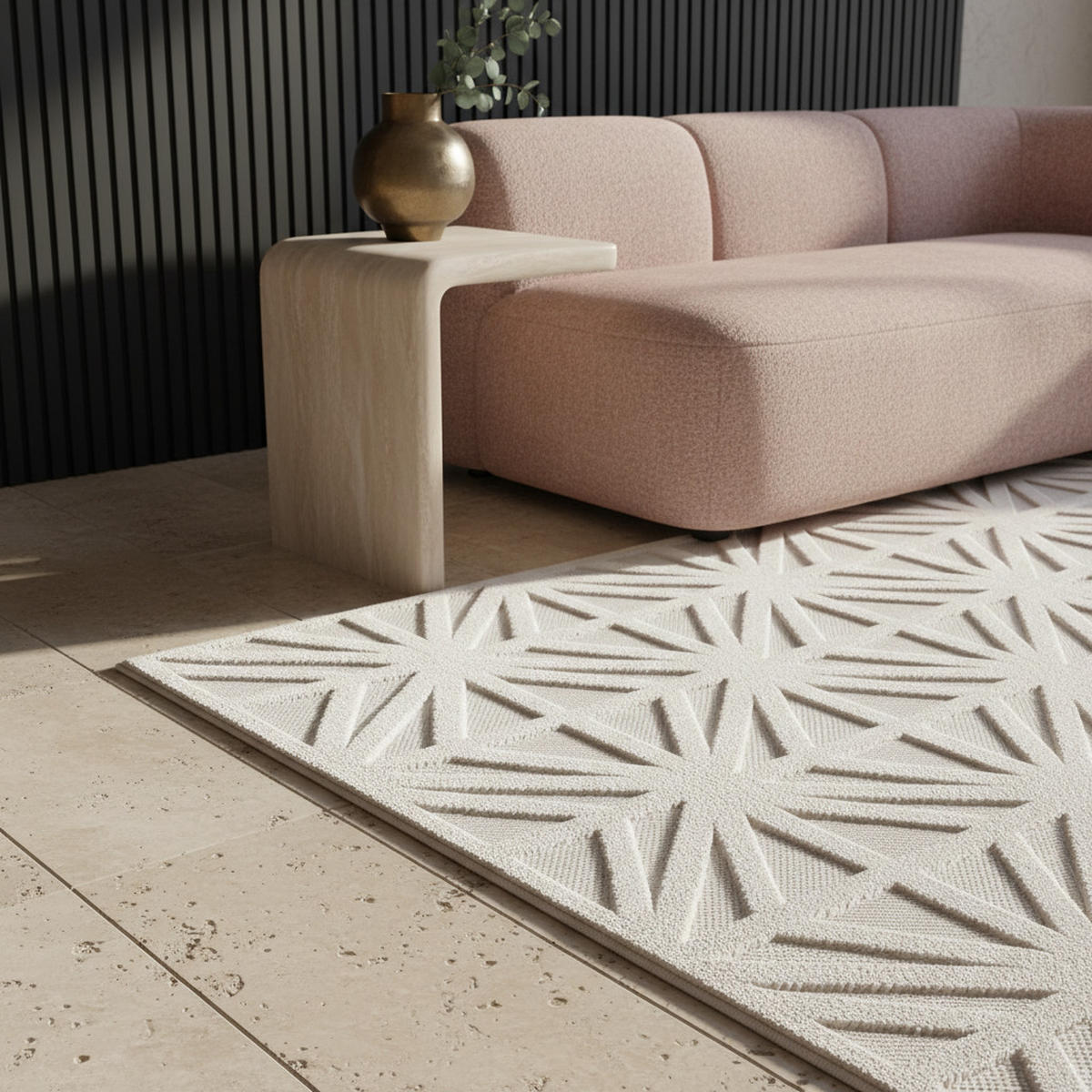 TEPPICH In-/Outdoor Kurzflor 3D-Effektfliesen Polypropylen Balkon Creme Rechteckig 280x370 - Beige, Textil (280/370cm) - KADIMA DESIGN