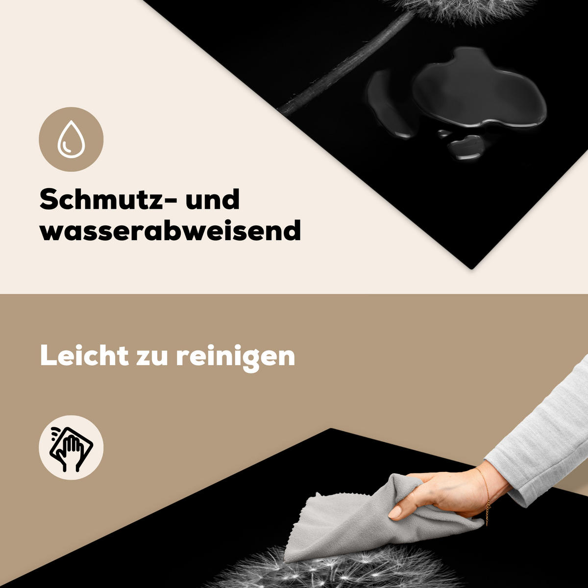 HERDABDECKPLATTE Löwenzahn - Schwarz - Floral - Botanisch Induktionsmatte 78x78 cm - Grau, Kunststoff (78/78/0.2cm) - MuchoWow