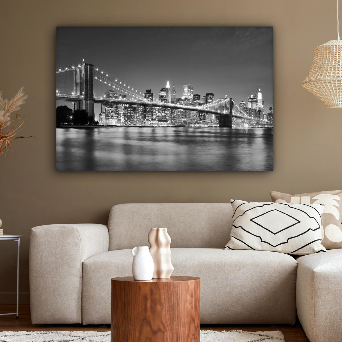 OBRAZ NA PLÁTNE New York - Most - Brooklyn - Čiernobiely - Architektúra 120x80 cm - čierna, textil (120/80cm) - MuchoWow