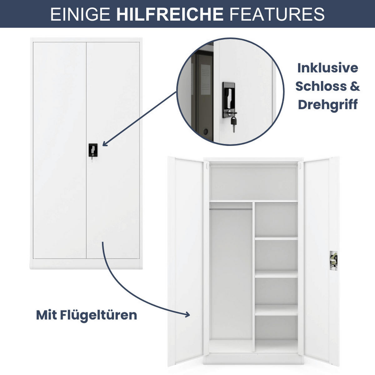 MEHRZWECKSCHRANK Metall abschließbar REKL 185x90x45cm Weiß - Weiß, Metall (90/185/45cm) - DELUKE