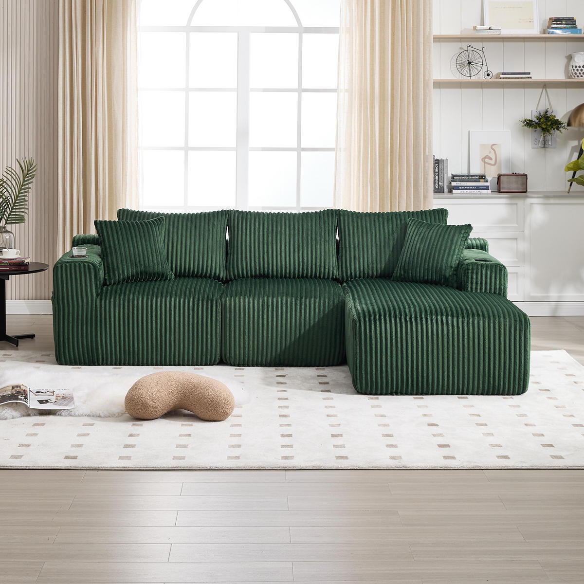 MODULARES Sofa-Set Cord mit Chaiselongue Taschen und Getränkehalter 257/90 160/62 cm Smaragdgrün - Smaragdgrün, Textil (160/257cm) - Redom