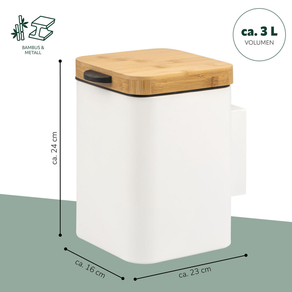 WAND-KOSMETIKEIMER 3 L, eckig, weiß - Weiß, Metall (16/24/23cm) - bremermann