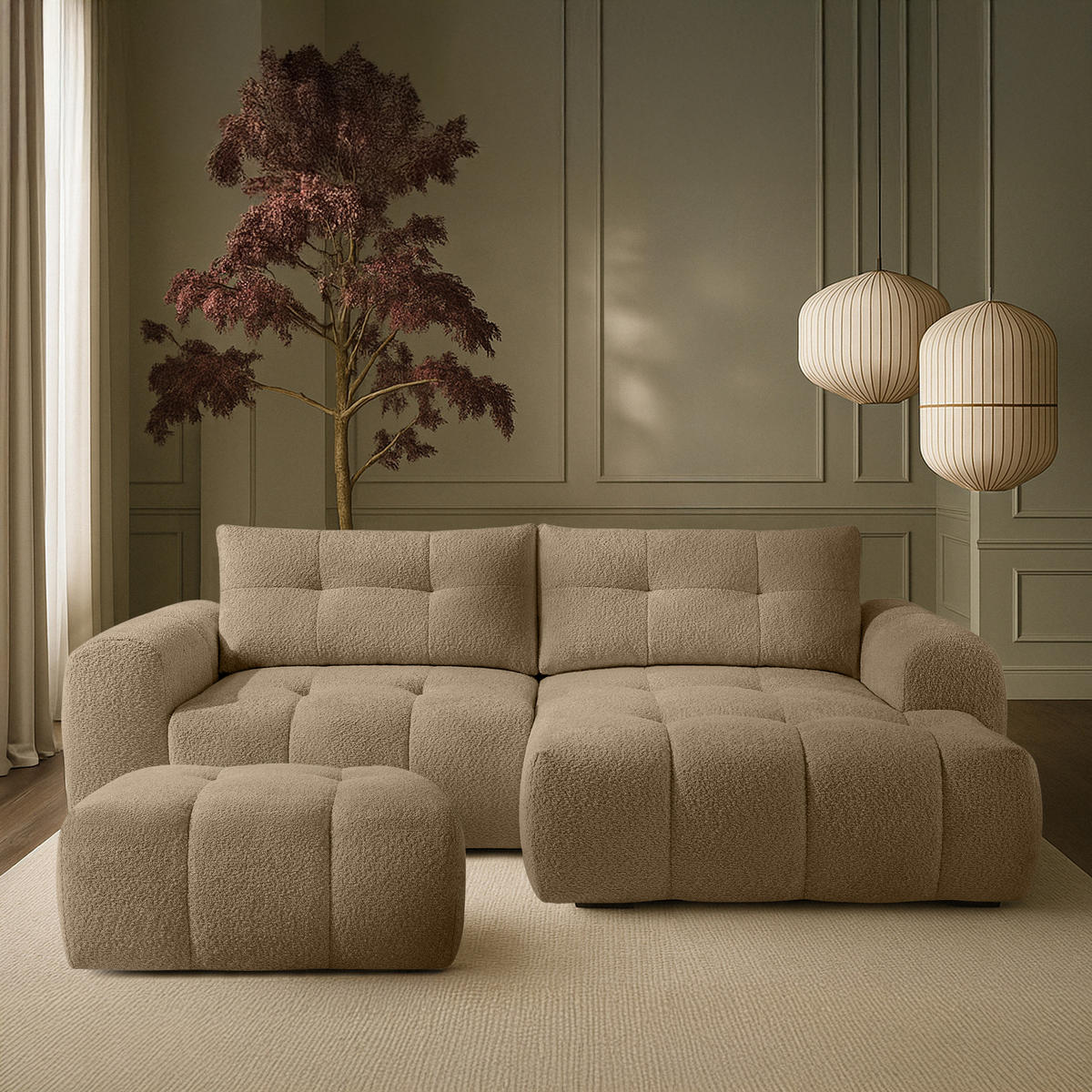 POUF RAVIA, Bouclé, Beige - Beige, Holz/Textil (96/45/50cm) - KONSIMO®