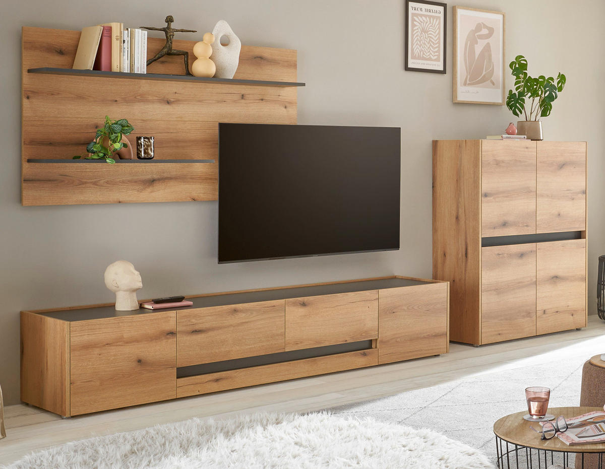 TV-LOWBOARD Eiche Evoke, grau 220 cm, TV Unterschrank mit Stauraum - Eichefarben/Schwarz, Holz/Holzwerkstoff (220/40/45cm) - Furn.Design