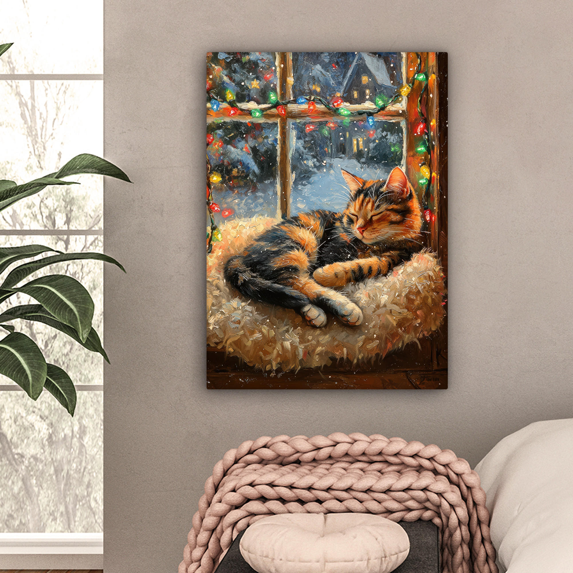 LEINWANDBILD Katze - Weihnachten - Winter - Tier 60x80 cm - Bernsteinfarben, Textil (60/80cm) - MuchoWow