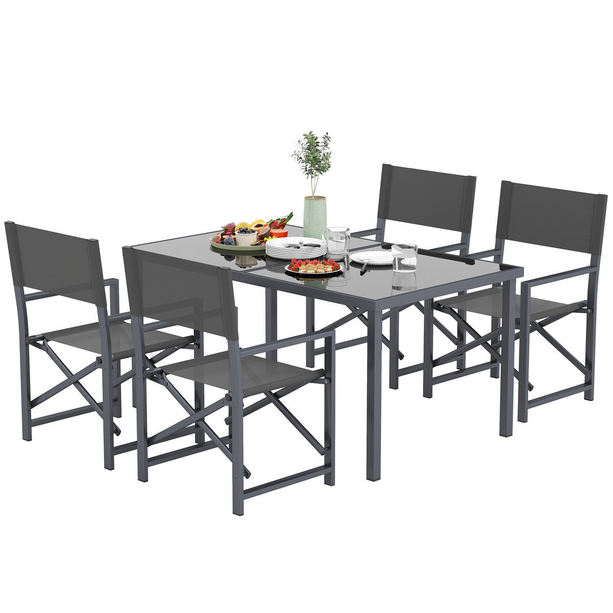 SITZGRUPPE 5-teilig DE-09823 mit Glastisch und klappbaren Stühlen Grau - Grau, Metall - ComfortXL