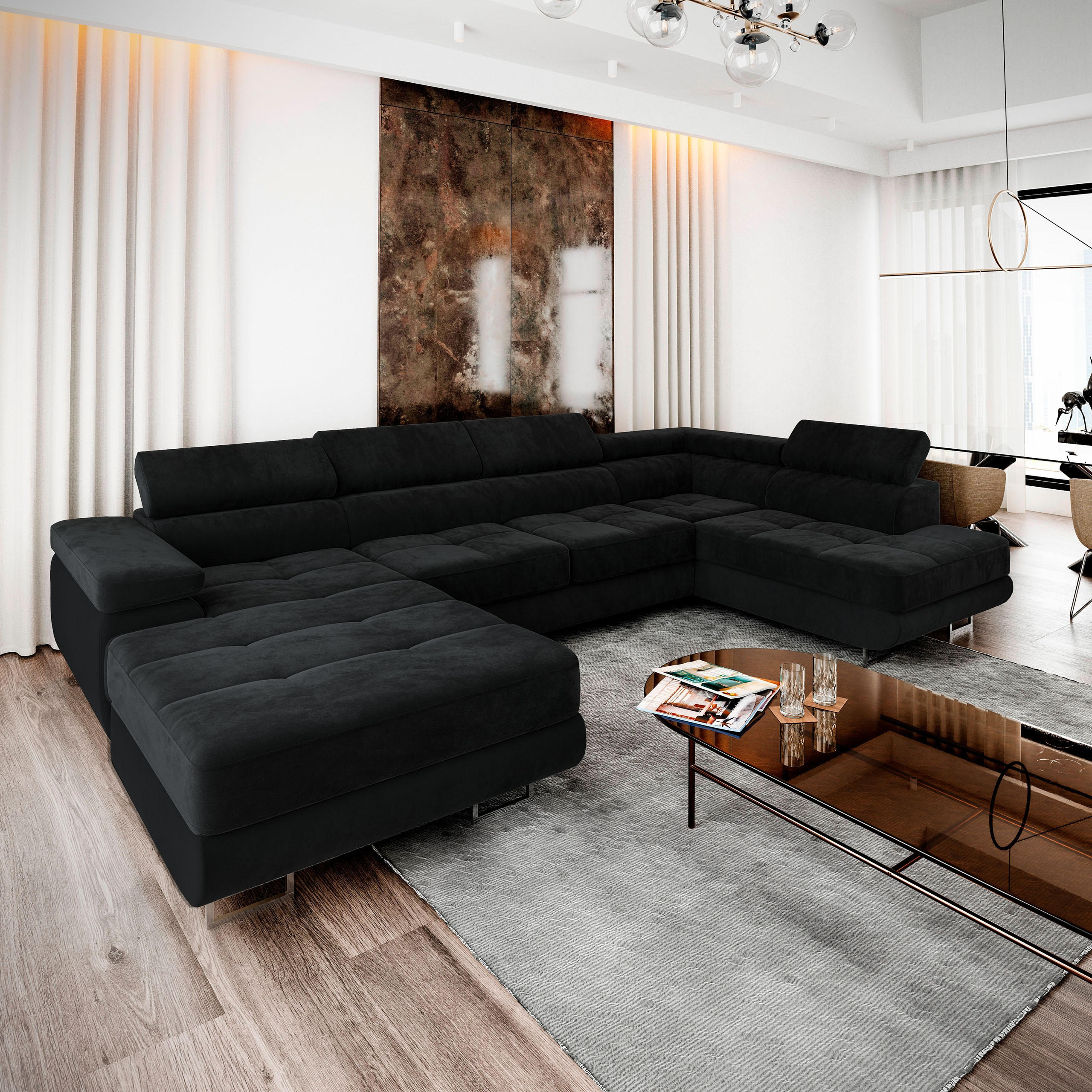 WOHNLANDSCHAFT CASONE R-S Schwarz Velours-Stoff mit Schlaffunktion - Schwarz, Holz (345/90/202cm) - MASSENO