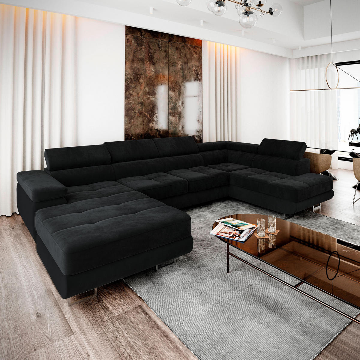 WOHNLANDSCHAFT CASONE R-S Schwarz Velours-Stoff mit Schlaffunktion - Schwarz, Holz (345/90/202cm) - MASSENO