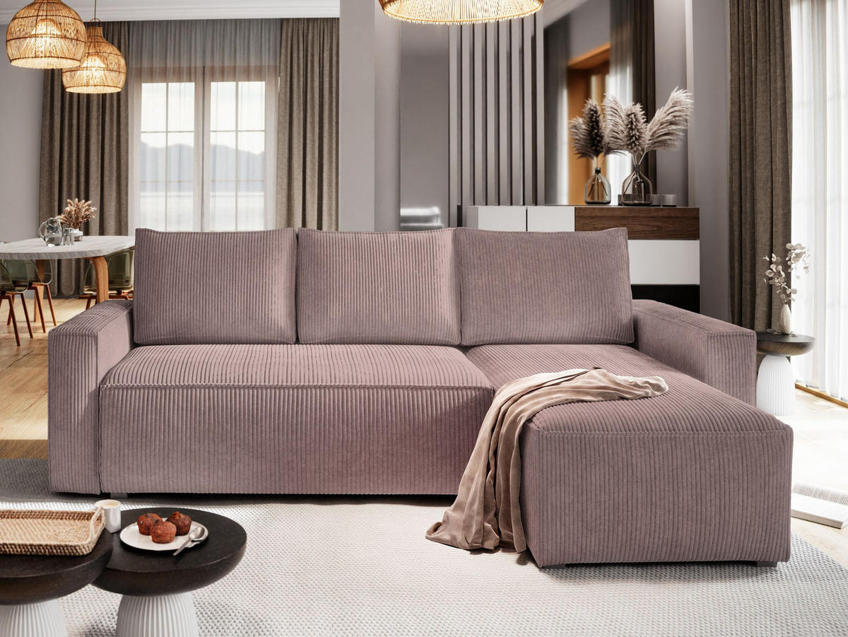 ECKSOFA POTARO Lila Kordstoff mit Schlaffunktion - Lila, Holz (232/140cm) - MASSENO