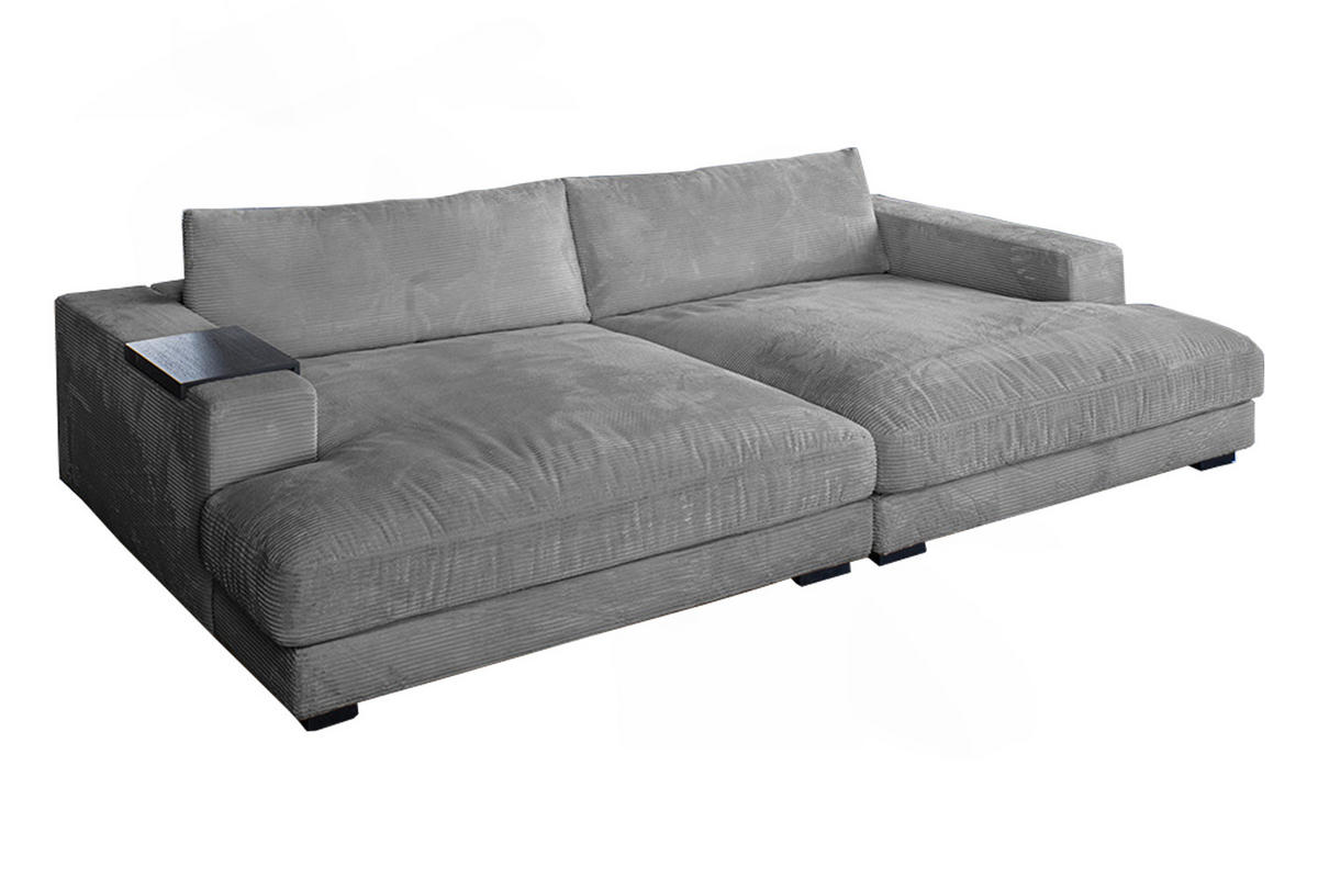 BIG SOFA XL MIT TABLETT SCHWARZ MADELINE Grau Cord - Schwarz/Grau, Kunststoff/Textil (290/85/190cm) - KAWOLA