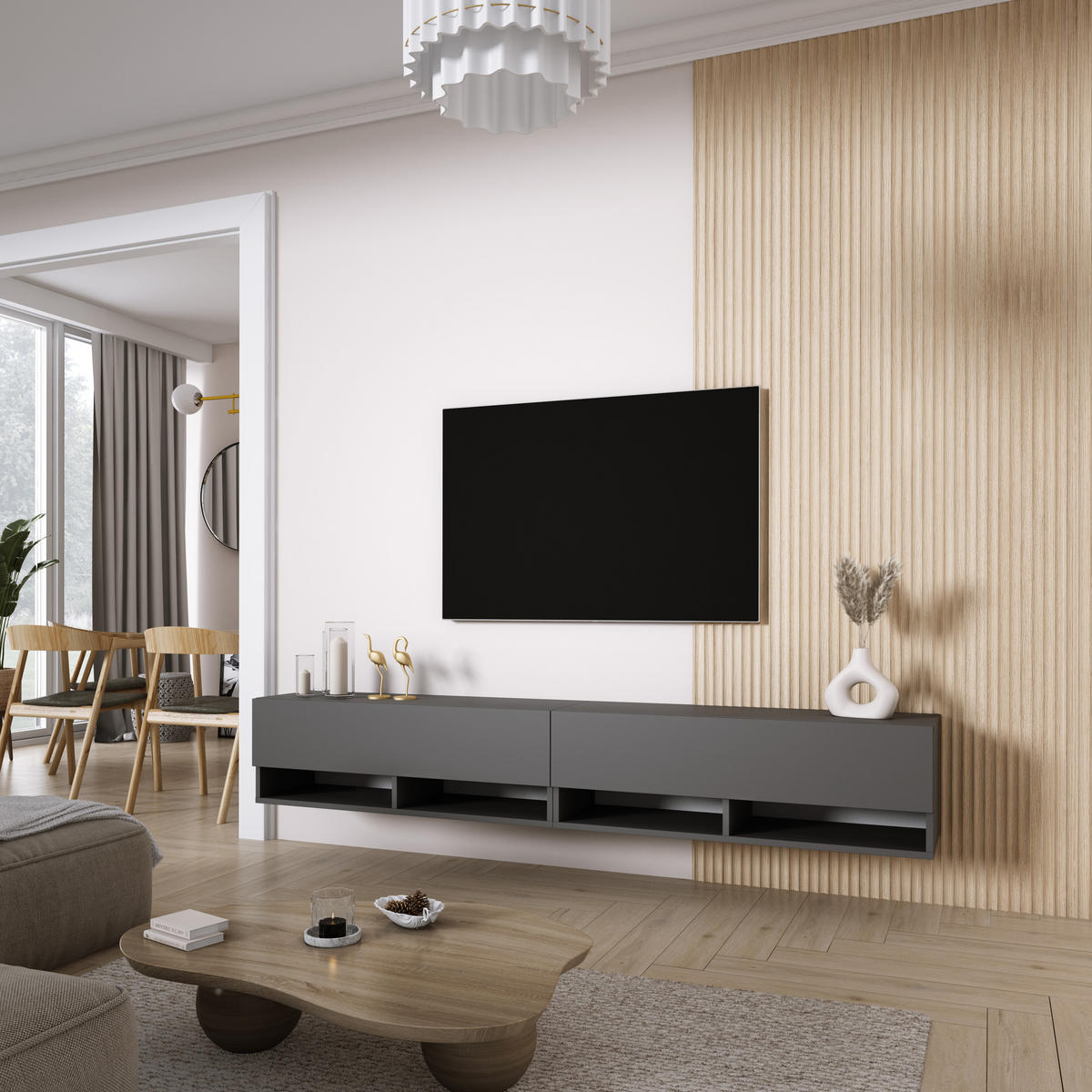 TV-LOWBOARD 200 (2 x 100) cm Anthrazit, 200 × 32 × 34 cm - Grau, Holzwerkstoff (200/33.6/32cm) - 3XE LIVING