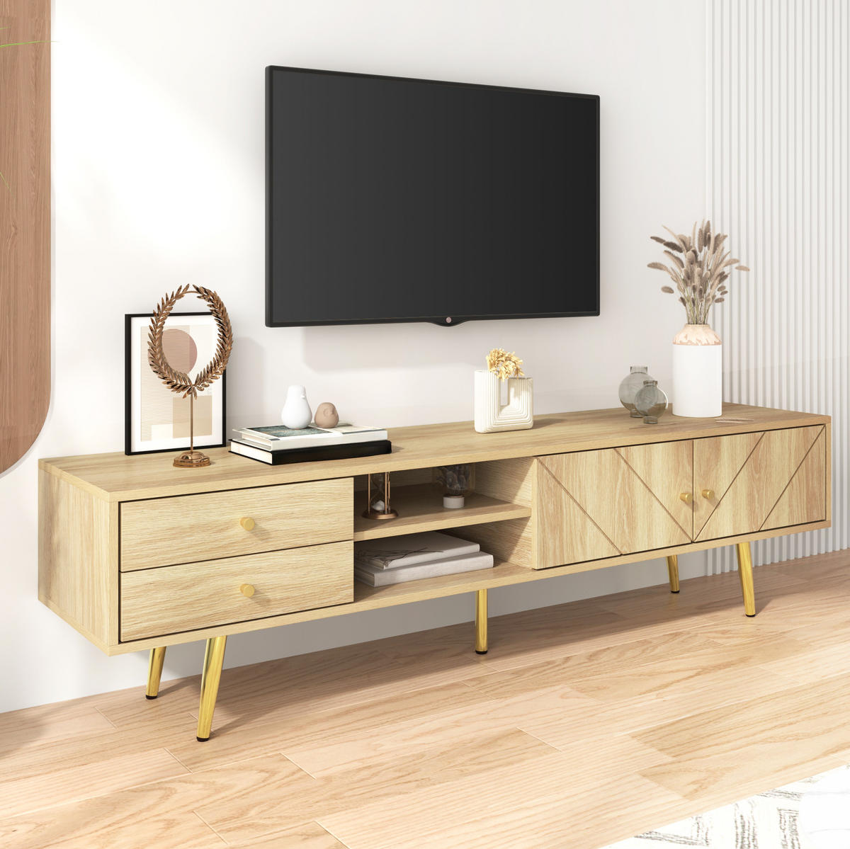 TV ormarić 160/36/42 cm boje drveta od MDF-a i iverice s 2 ladice i vratima s reljefnim uzorkom - smeđa, drvni materijal (160/42/36cm) - OKWISH