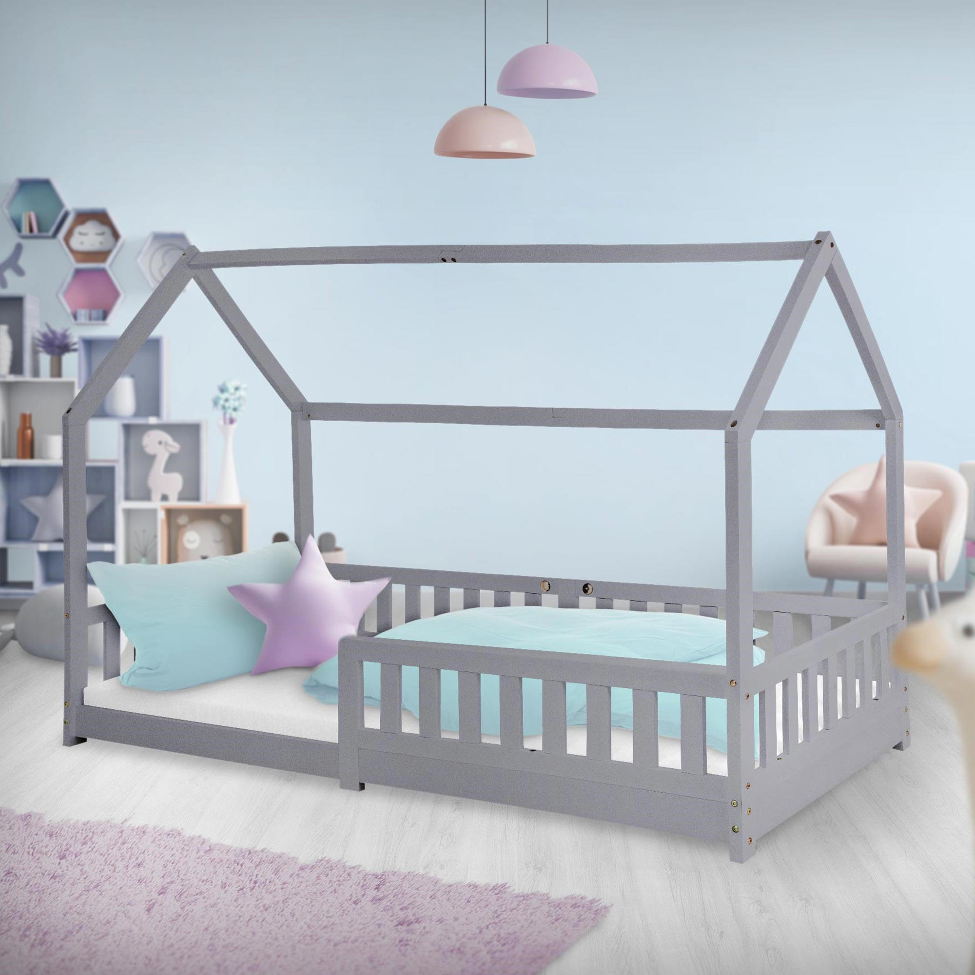 KINDERBETT mit Dach 90x200 cm Hellgrau - Hellgrau, Holz (90/200cm) - ML-DESIGN