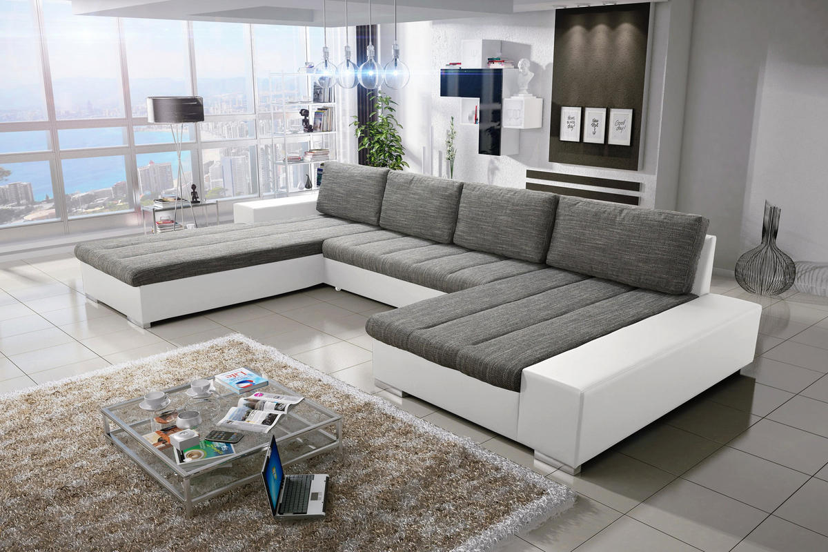 WOHNLANDSCHAFT VERONA U-Form mit Schlaffunktion, Bettkasten und Wellenfederung – Großzügiges Ecksofa 387 cm - Weiß, Kunststoff (387/85/213cm) - Wohnideebilder