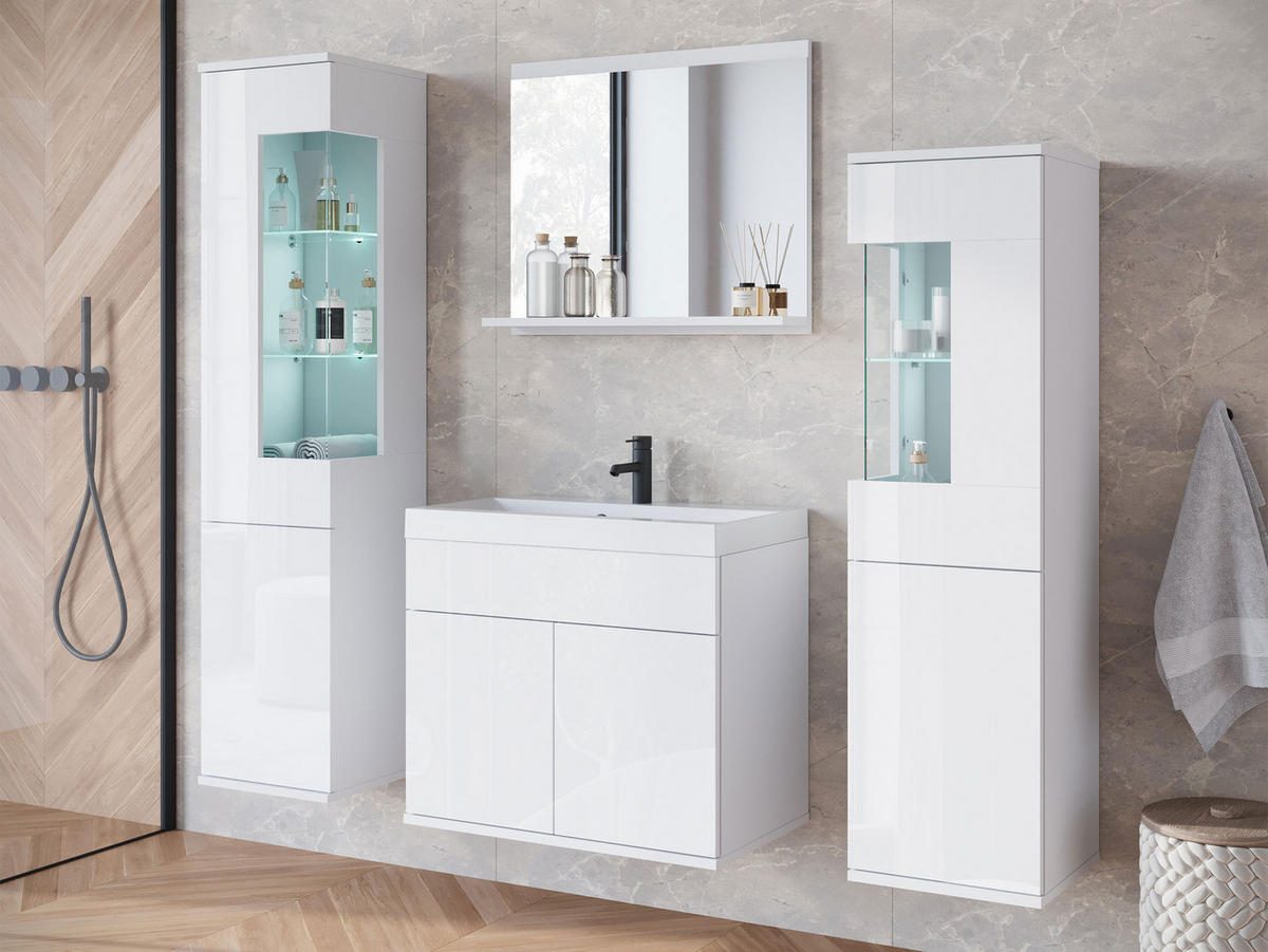 BADMÖBEL-SET Nairobi mit weißer LED Beleuchtung - Weiß Hochglanz/Weiß, Holzwerkstoff (31/133/31cm) - MIRJAN24