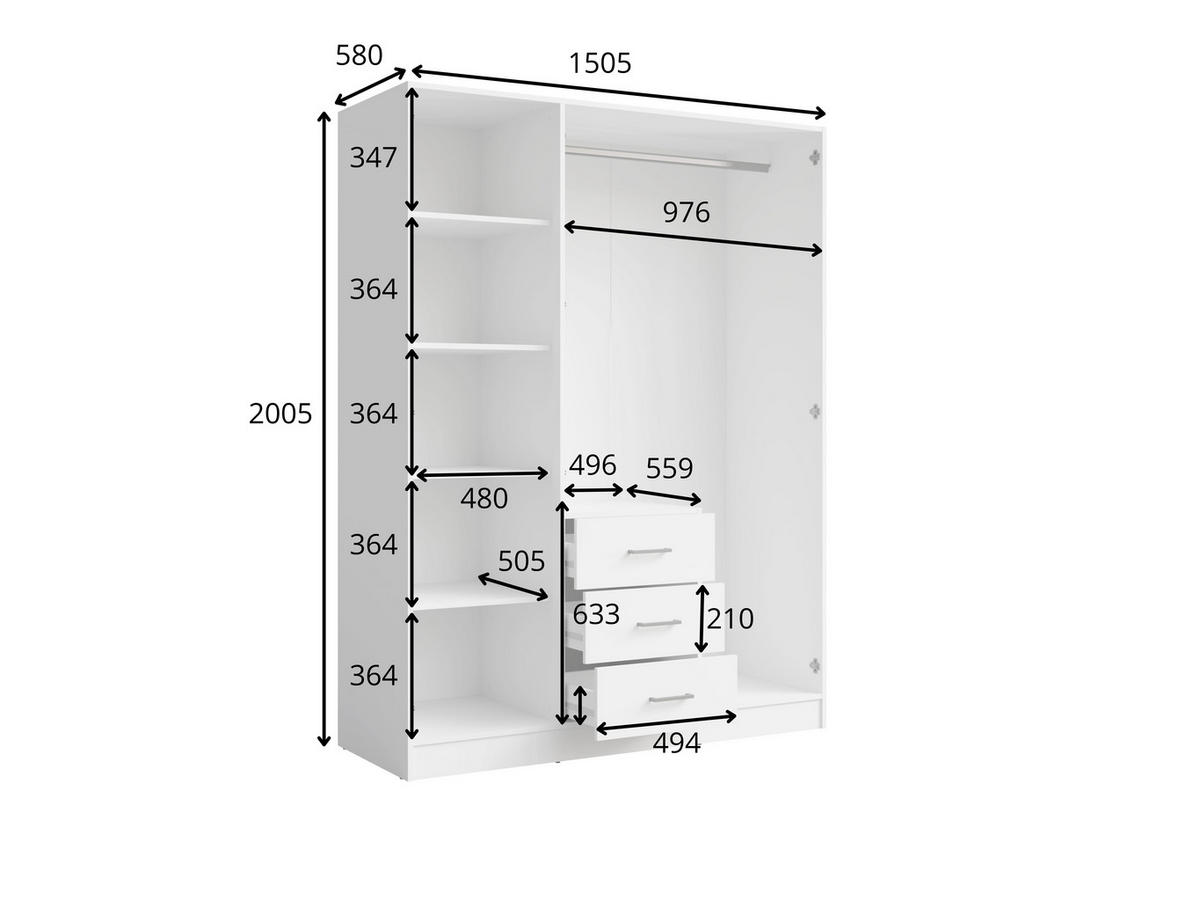 KLEIDERSCHRANK KERONA 19 - 150,5×200,5×58 cm cm mit Spiegel, 2 Türen & 3 Schubladen Weiß - Weiß, Holz/Holzwerkstoff (150.5/200.5/58cm) - Milaros Markt