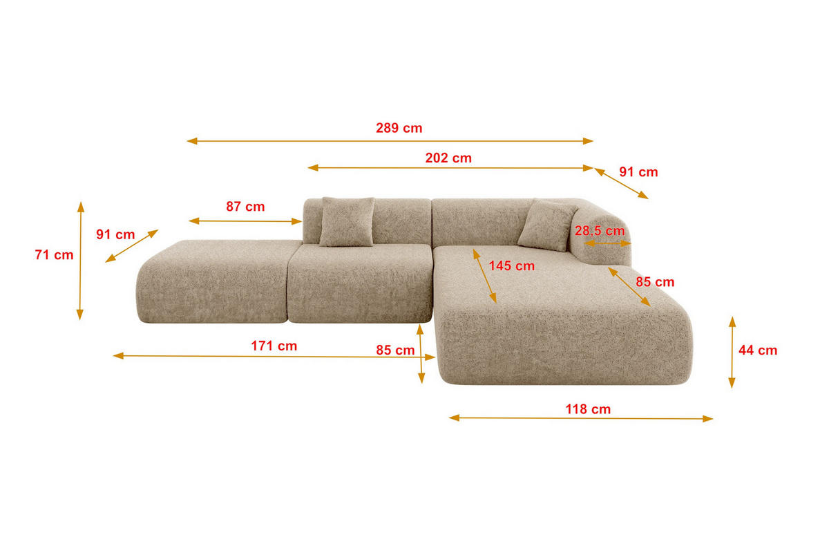 ECKSOFA Ottomane Rechts OVLY-L 289x176x71 Braun Chenille - Cognac/Schwarz, Holzwerkstoff/Kunststoff (289/176cm) - ALTDECOR