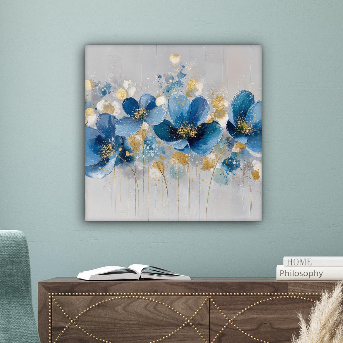 LEINWANDBILD Blumen - Blau - Abstrakt Wandbild Wohnzimmer 50x50 cm - Hellgrau, Textil (50/50cm) - MuchoWow