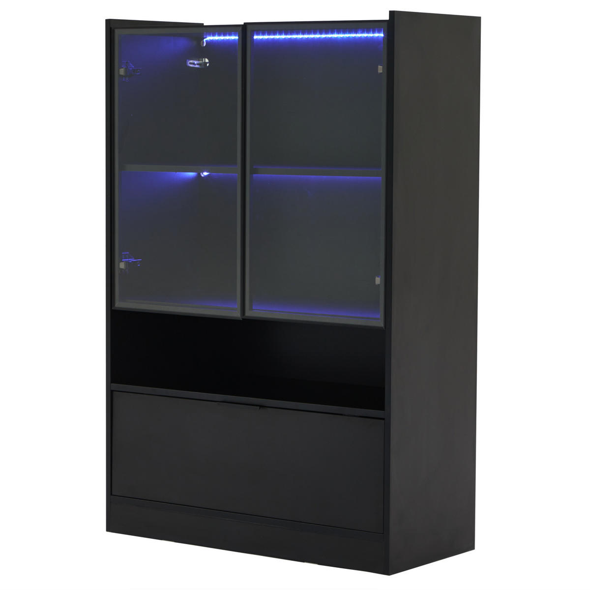 VITRINA 35/80/120 cm crna od iverice sa staklenim vratima i LED rasvjetom - crna, drvni materijal (80/120/35cm) - OKWISH